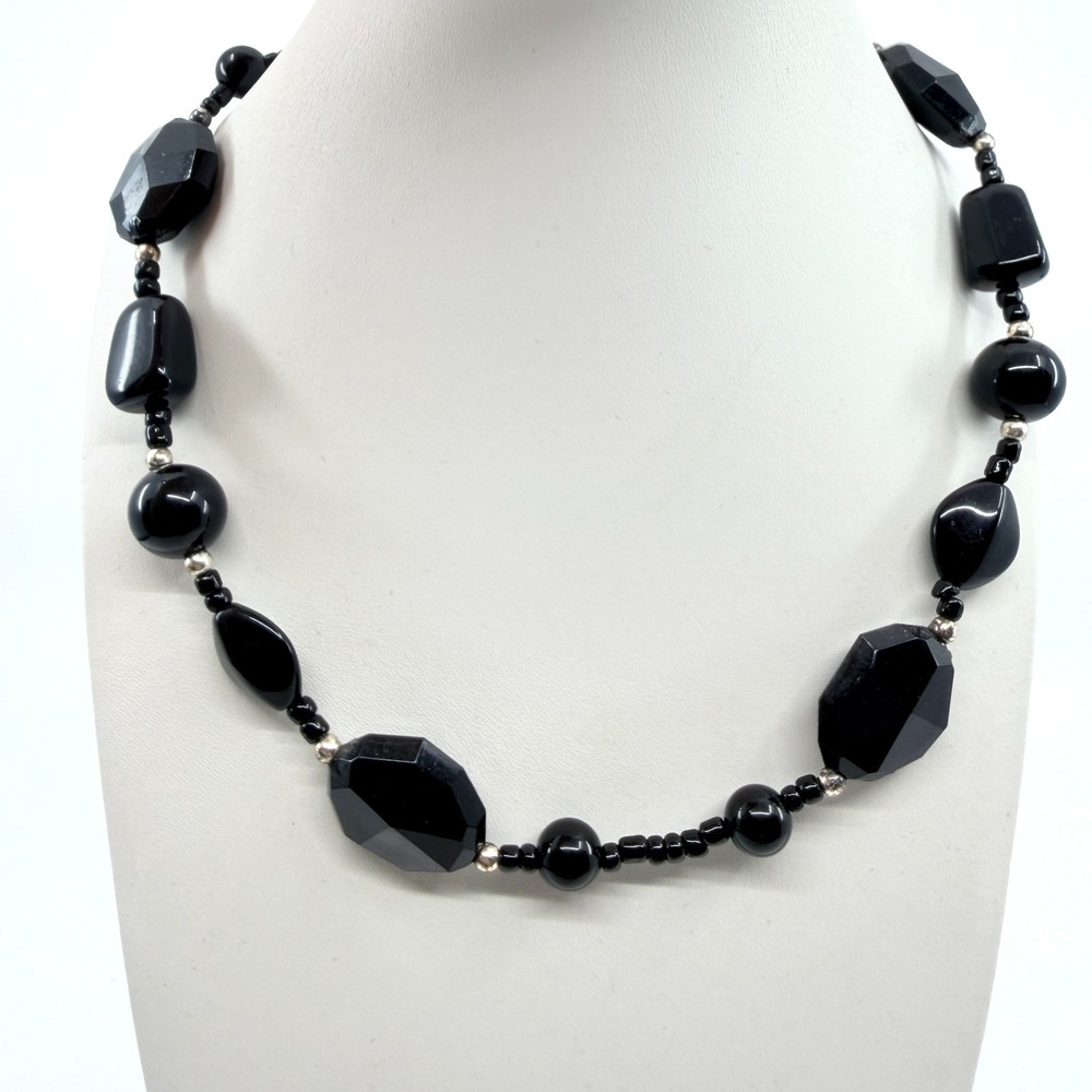 Vintage Black Chonky Acrylic Bead Necklace Silver Tone Accent Chunky Goth Boho